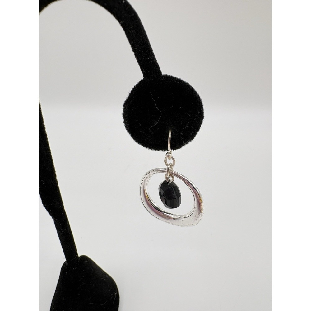 Modern Silver Tone Oval Hoop Earrings With Black Faceted Bead Dangle‎ Drop Jew - Picture 3 of 4